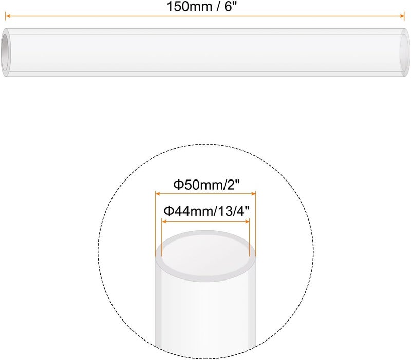 Rebower 6" Clear Plastic Rigid Pipe 44mm ID x 50mm OD (1 3/4" ID x 2" OD) Acrylic Round Polycarbonate Tubing, [for Plumbing, Hydraulics, Aquarium] - Image 2